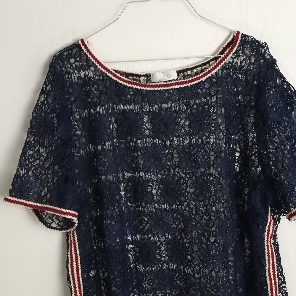 Adiva 2X All Lace Blouse top Navy Blue Side Trim Striping - Picture 3 of 8